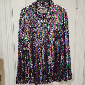 Rainbow Sequin Jacket Button Front Statement Pride Festival Jacket Sz Large